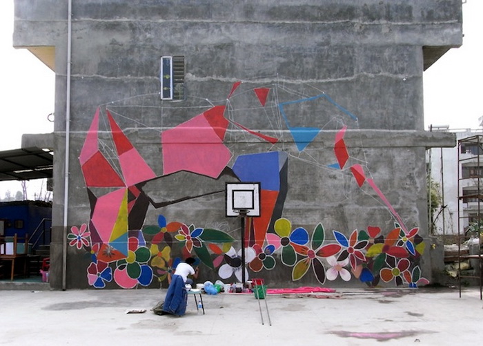Стрит-арт в стиле оригами: рисунки от художника Daas на улицах Катманду